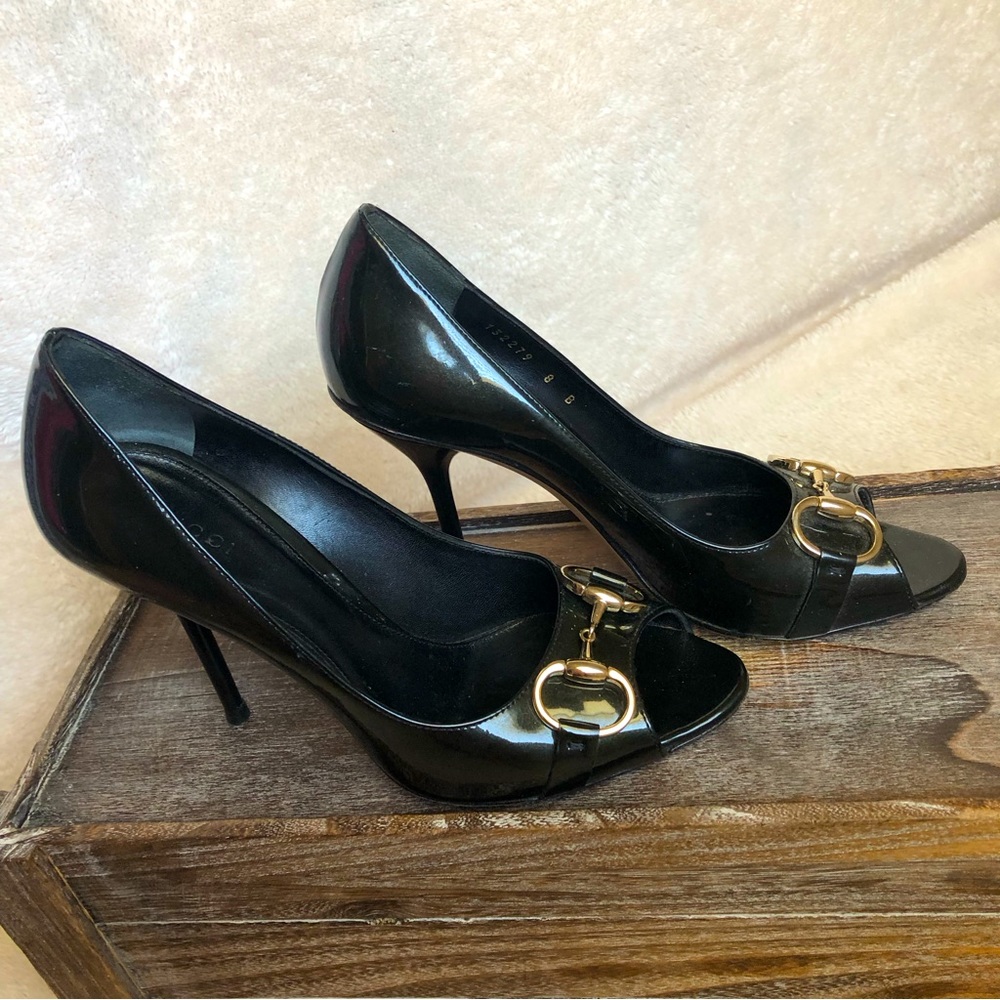Gucci Black Patent Leather Gold Horsebit Peep Toe Stiletto Pumps